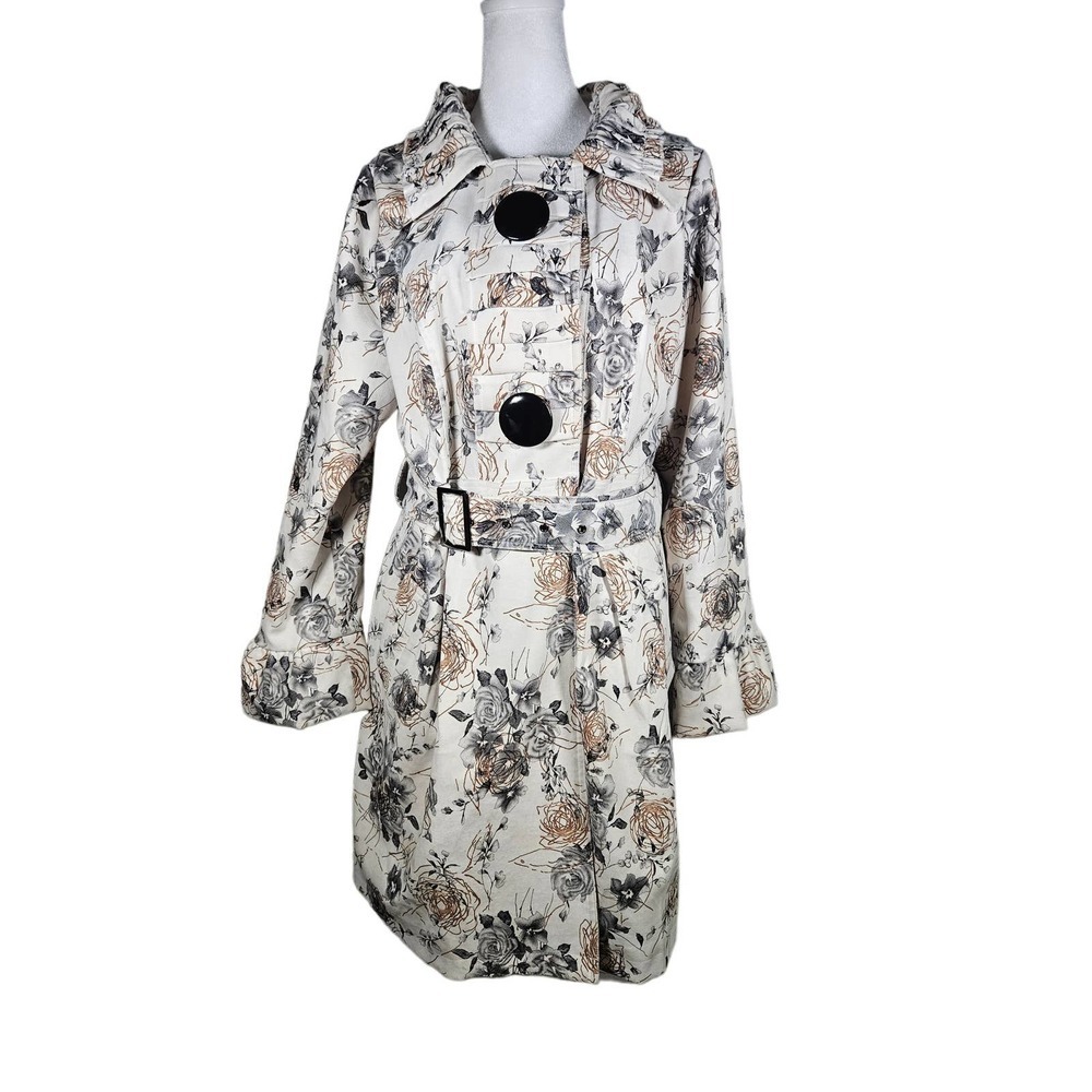 Pura Vida Women's Belted Jacket Coat Ruffle Collar‎ Buttons Cream Gray Gold Sz12